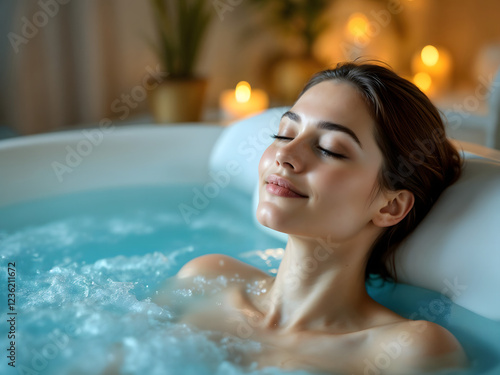 Relaxed young woman enjoying a soothing bath in a spa-like setting, surrounded by soft lighting and bubbles