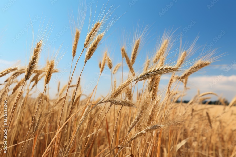 Ripe wheat stalks waving in the wind against a clear blue sky, representing a bountiful harvest and agricultural prosperity Ripe wheat stalks waving in the wind against a clear blue sky, representing a bountiful harvest and agricultural prosperity