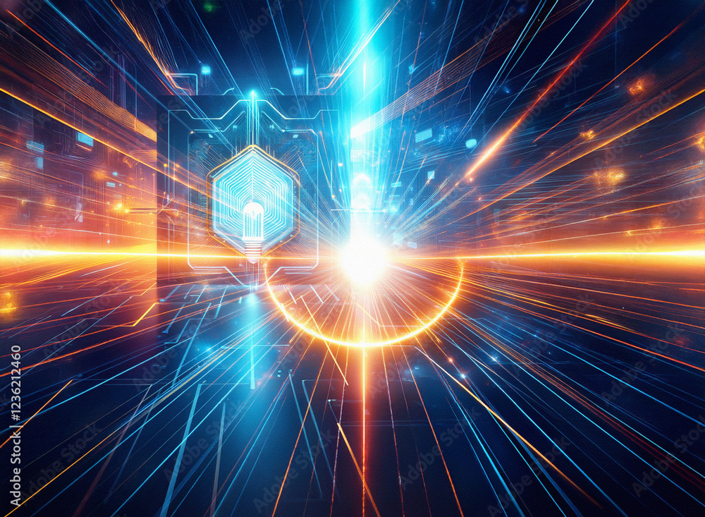 Fototapeta premium Abstract sci-fi background featuring a double exposure effect. Bright, glowing lines and shapes converge at a central point, creating a sense of speed and energy. The image evokes a futuristic techn