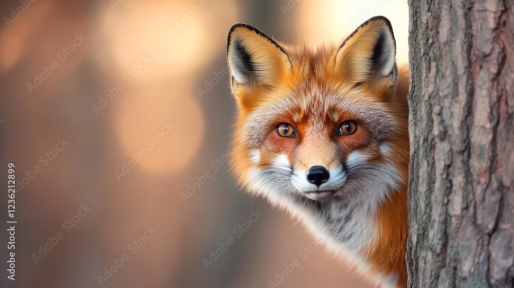 Fototapeta premium Red fox peeking from behind tree trunk in autumn forest at sunset; wildlife photography for nature publications