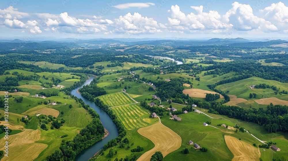 Aerial View of Serene Green Fields and Flowing River Landscape