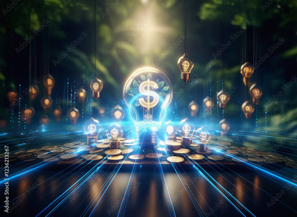 Fototapeta premium Abstract sci-fi double exposure image. A glowing dollar sign inside a lightbulb sits atop coins, surrounded by more lightbulbs and a lush, dark green background. Bright blue energy lines radiate out