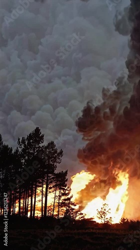 Wild Forest Fire Blaze in an Endless Loop with Flaming Trees and Billowing Smoke, Generative AI photo