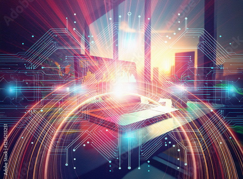 Abstract sci-fi double exposure image.  A futuristic cityscape backdrop blends with glowing circuit board patterns surrounding a laptop.  The scene evokes a sense of technological advancement and conn photo