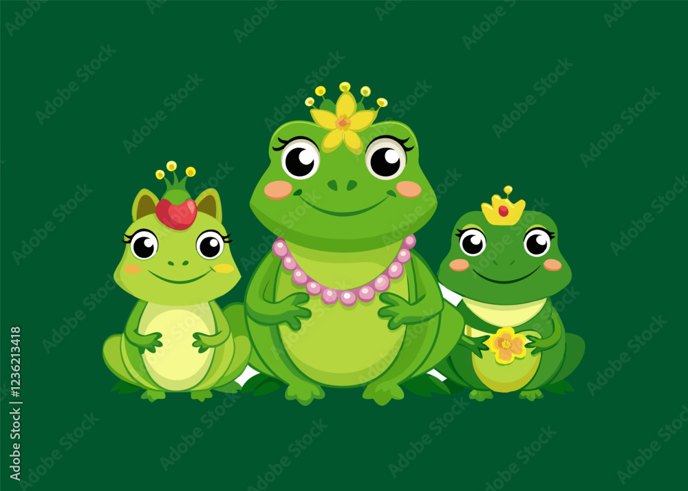 Obraz premium Adorable Frog Prince Cartoon with Crown on Green Leaf Isolated vector illustration