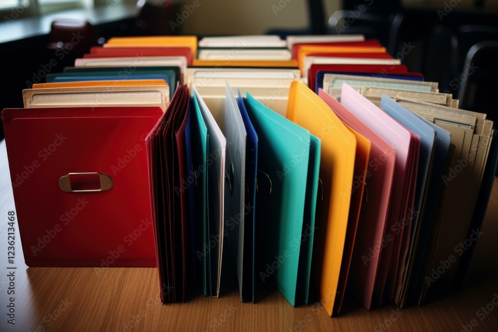 Many colorful folders standing on a wooden desk in an office space, representing organization and paperwork Many colorful folders standing on a wooden desk in an office space, representing organization and paperwork