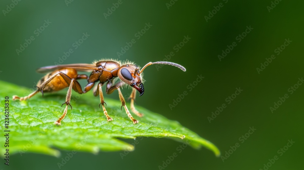 Naklejka premium Red wasp insect perched on green leaf, blurred forest background, nature macro photography for scientific or educational use
