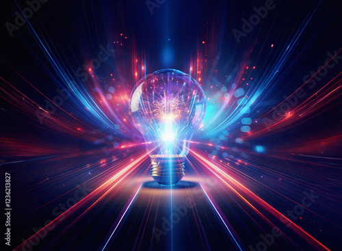 Wallpaper Mural Abstract sci-fi double exposure image of a glowing lightbulb on a vibrant background, radiating energy and light streaks.  The scene evokes a sense of innovation and futuristic discovery. Torontodigital.ca