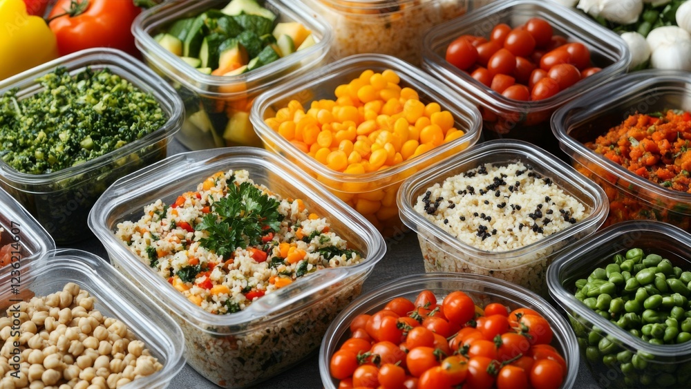 Assortment of healthy prepared meals in clear plastic containers Assortment of healthy prepared meals in clear plastic containers