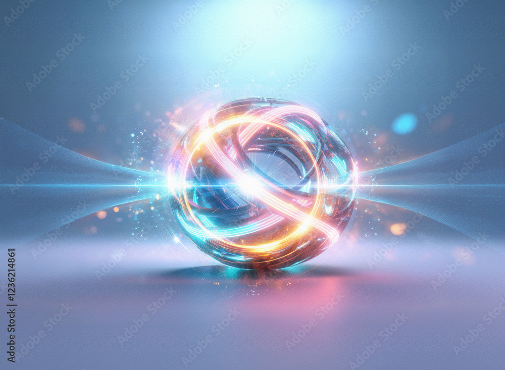 Abstract sci-fi double exposure image of a glowing orb, surrounded by light streaks and particles against a blurred background. Abstract sci-fi double exposure image of a glowing orb, surrounded by light streaks and particles against a blurred background.