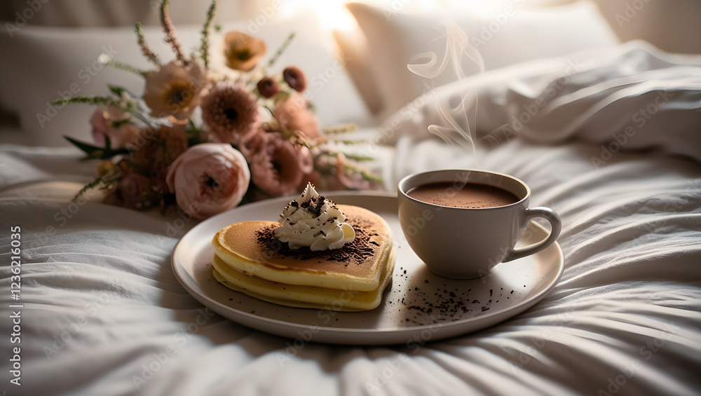 A cozy breakfast set up with a heart-shaped pancake and cup of coffee on bed, accompanied by soft lighting flowers. A cozy breakfast set up with a heart-shaped pancake and cup of coffee on bed, accompanied by soft lighting flowers.