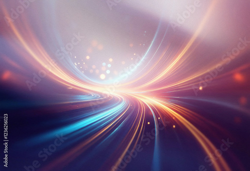 Abstract sci-fi background featuring a double exposure effect.  Swirling, vibrant light streaks create a dynamic, futuristic tunnel.  Colors blend from cool blues to warm oranges, creating depth and m