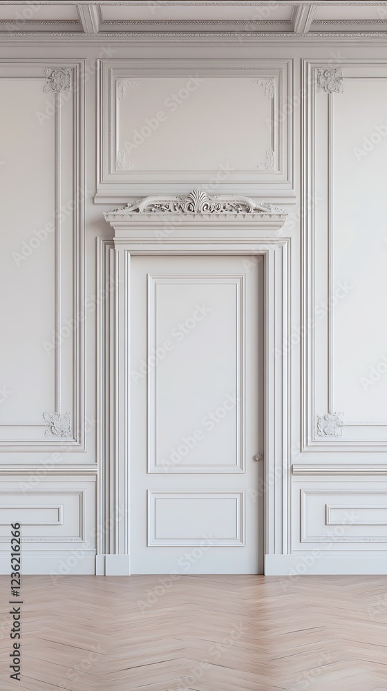 A minimalist interior featuring an elegant white door with ornate moldings. A minimalist interior featuring an elegant white door with ornate moldings.