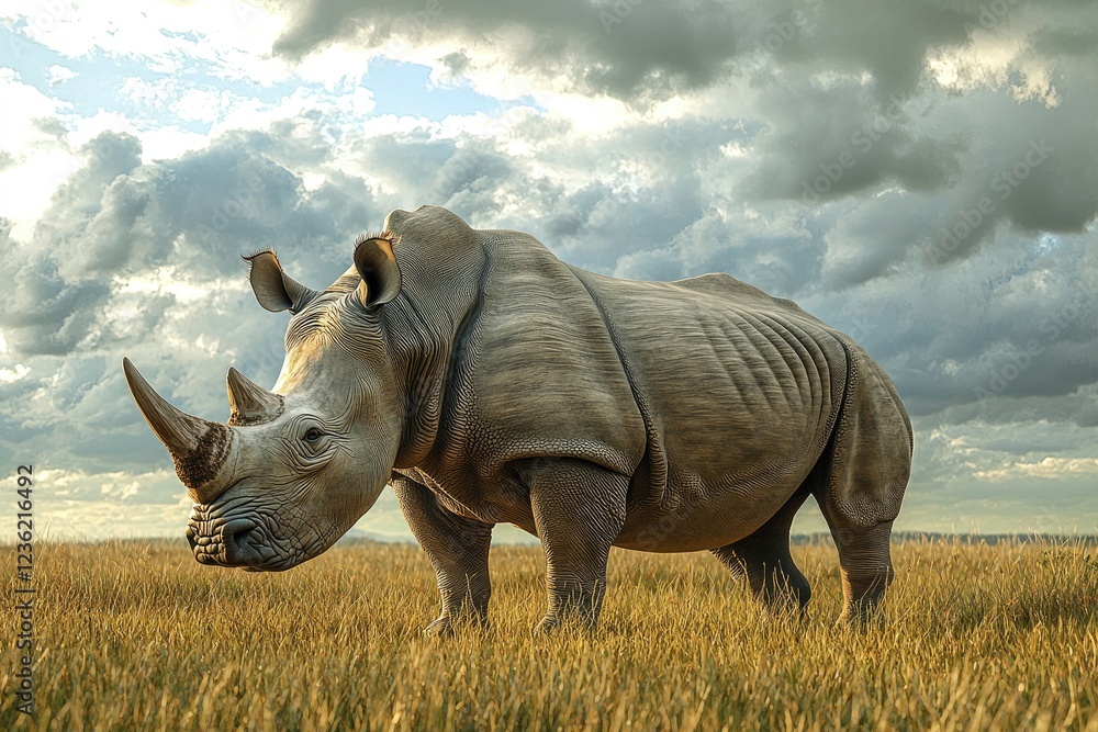 Fototapeta premium A lone white rhinoceros stands in a grassy field