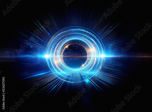 Abstract sci-fi double exposure image featuring a glowing circular portal with streaks of light against a dark background.  Intriguing futuristic technology concept.