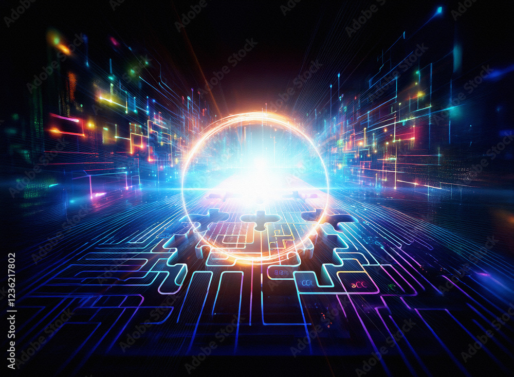 Obraz premium Abstract sci-fi double exposure image. Glowing circle at center of a vibrant, technological background resembling a circuit board. Lines of light create a futuristic, energetic scene.