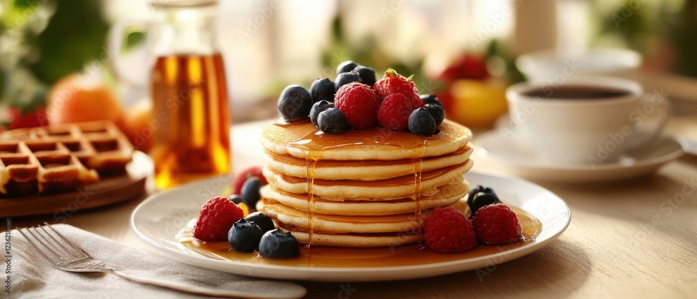 breakfast table with pancakes, waffles, fruit, and syrup, creating a delicious and inviting image.