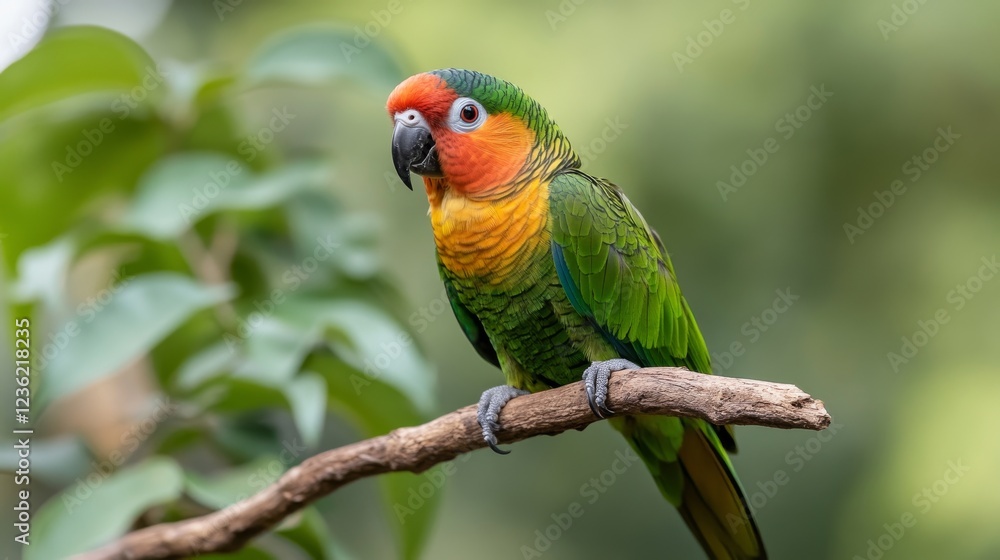 Sun Parakeet perched on branch, lush green foliage background, vibrant plumage, wildlife photography for nature publications Sun Parakeet perched on branch, lush green foliage background, vibrant plumage, wildlife photography for nature publications
