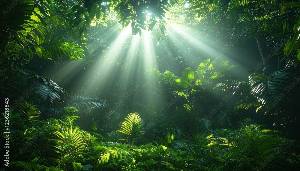 Fototapeta premium Sunbeams illuminate lush tropical jungle undergrowth