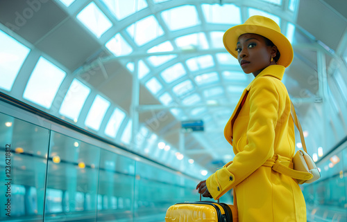 Woman at the airport in a yellow coat with a suitcase, vacation photo