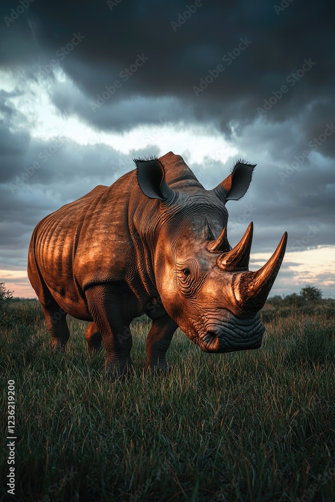 Fototapeta premium Majestic Rhino Stands in Grassland Under Dramatic Sky