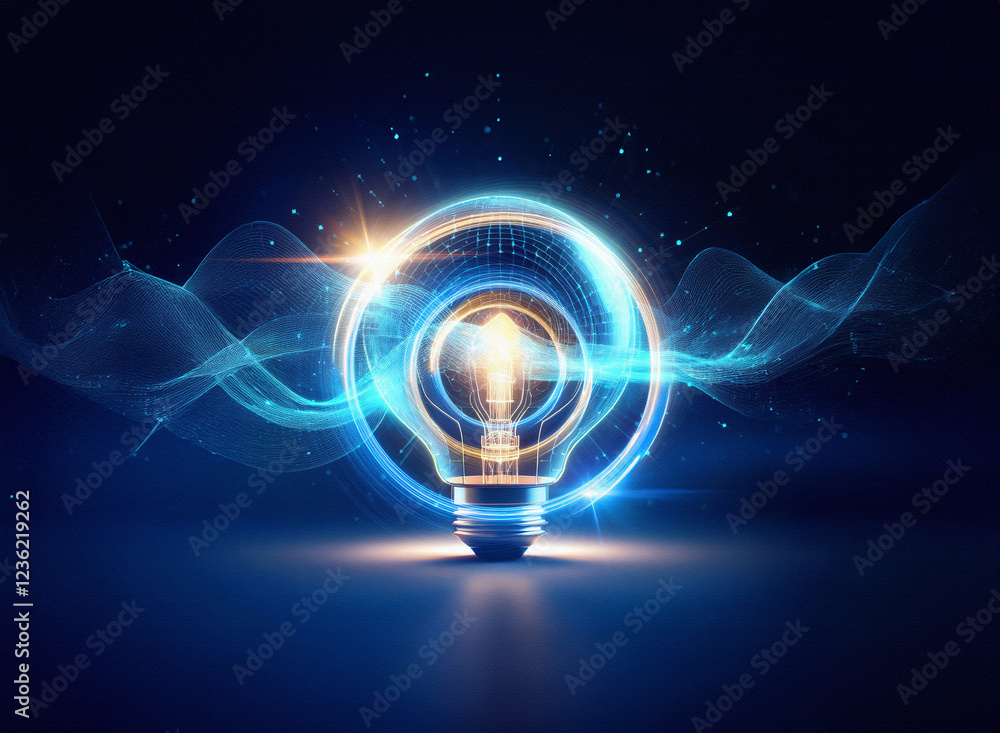 Abstract sci-fi double exposure image of a glowing lightbulb encircled by energy waves against a dark blue background.  Idea, innovation, and technology are subtly implied.