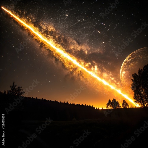 A tranquil night sky adorned with countless twinkling stars, where the luminous full moon bathes the landscape in a silvery glow, casting soft shadows and illuminating the gentle clouds drifting by.