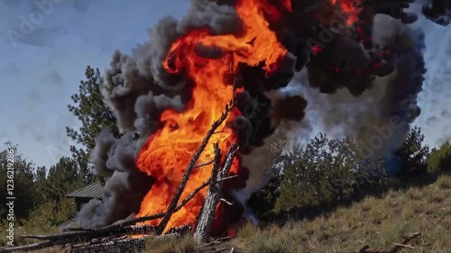 Wildfire Approaching Village, Loop Video of Fire Spreading from the Forest to Homes, Generative AI photo