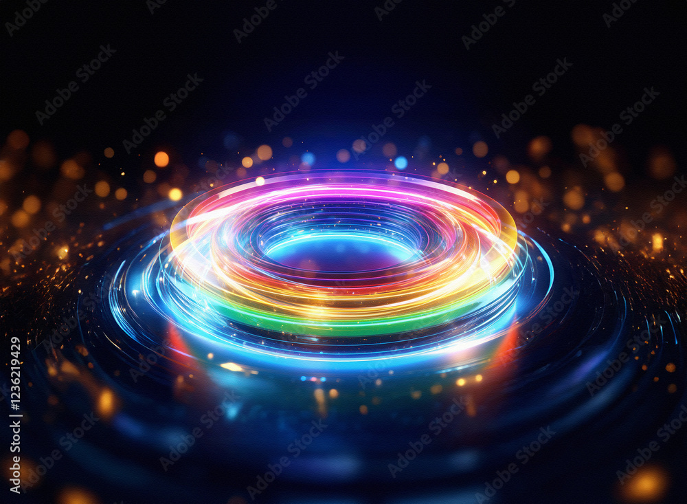 Abstract sci-fi double exposure image featuring vibrant, glowing rainbow rings on a dark background. The rings create a mesmerizing, futuristic portal effect with sparkling bokeh. Abstract sci-fi double exposure image featuring vibrant, glowing rainbow rings on a dark background. The rings create a mesmerizing, futuristic portal effect with sparkling bokeh.