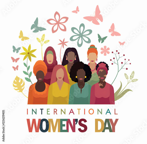 International Women’s Day: Celebrating Women with Floral Harmony, Equity, and Inclusion Vector Illustration