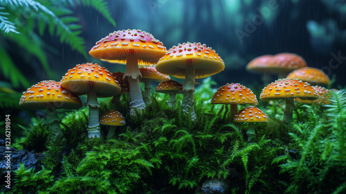 Vibrant orange mushrooms with white spots grow amidst lush green moss in misty forest. enchanting scene evokes sense of wonder and tranquility photo