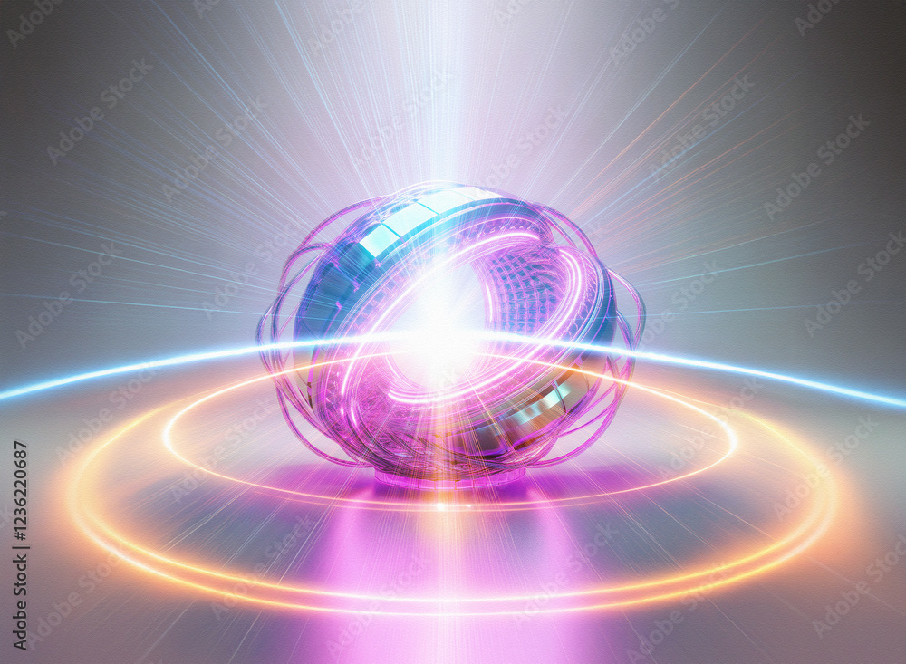 Abstract sci-fi double exposure image. A glowing orb, intricate and technological, sits at the center, emitting radiant light and energy.  Surrounding rings create a dynamic, futuristic background.