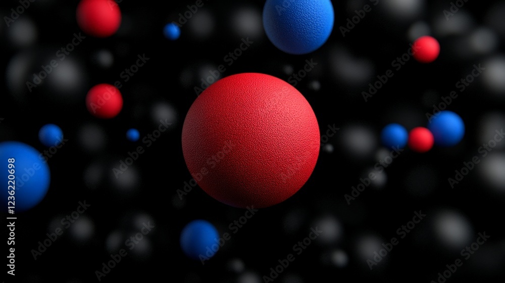 Red Sphere in Abstract Space: A vibrant red sphere takes center stage amidst a swirling nebula of smaller black and blue spheres, creating a captivating abstract composition. Red Sphere in Abstract Space: A vibrant red sphere takes center stage amidst a swirling nebula of smaller black and blue spheres, creating a captivating abstract composition.