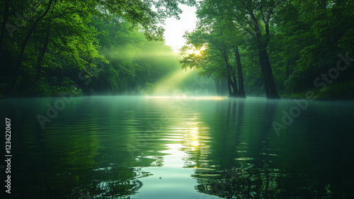 serene river scene surrounded by lush green trees, with soft sunlight filtering through mist