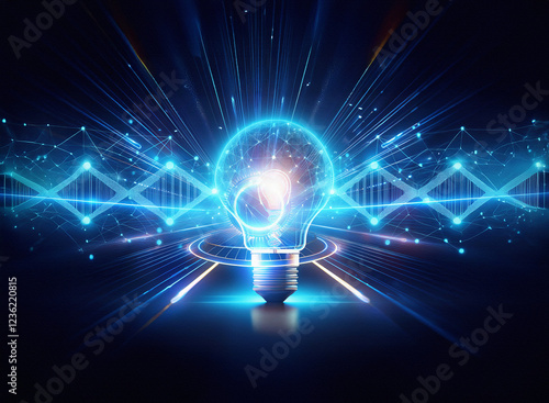 Wallpaper Mural Abstract sci-fi double exposure image. Glowing lightbulb, futuristic background with energy bursts and digital data streams. Torontodigital.ca