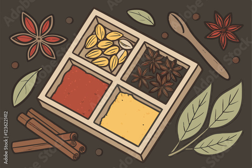 Overhead view, assorted spices and herbs, wooden square compartments, vibrant colors, cumin seeds, turmeric powder, cardamom pods, dried chili peppers, bay leaves, cinnamon sticks, paprika, sesame see