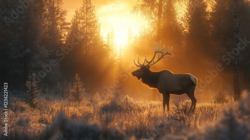 Majestic Elk Silhouetted at Sunrise in a Snowy Forest
