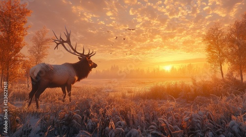 Majestic Elk in a Snowy Autumn Landscape at Sunrise