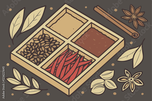 Overhead view, assorted spices and herbs, wooden square compartments, vibrant colors, cumin seeds, turmeric powder, cardamom pods, dried chili peppers, bay leaves, cinnamon sticks, paprika, sesame see