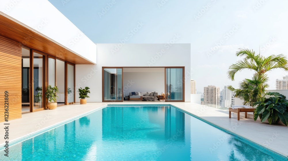 Fototapeta premium Elegant and spacious modern luxury penthouse featuring a rooftop garden infinity pool and breathtaking panoramic views of the city skyline