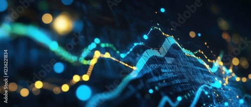 Stock market data visualization with glowing graphs and charts showing financial trends, investment analysis, and digital technology for market insights.