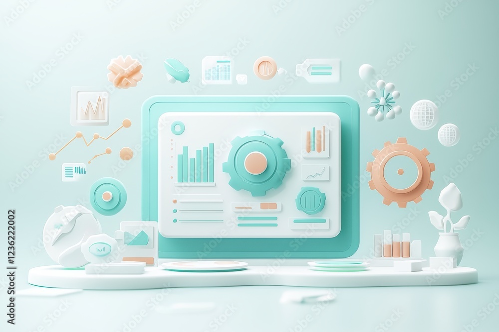Futuristic and minimalist financial data analytics dashboard with geometric infographic elements charts and graphs in a modern pastel colored studio setup Futuristic and minimalist financial data analytics dashboard with geometric infographic elements charts and graphs in a modern pastel colored studio setup