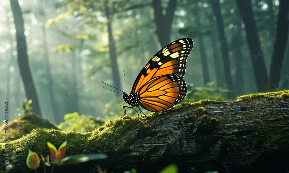 Monarch butterfly perched on mossy log in serene forest Monarch butterfly perched on mossy log in serene forest