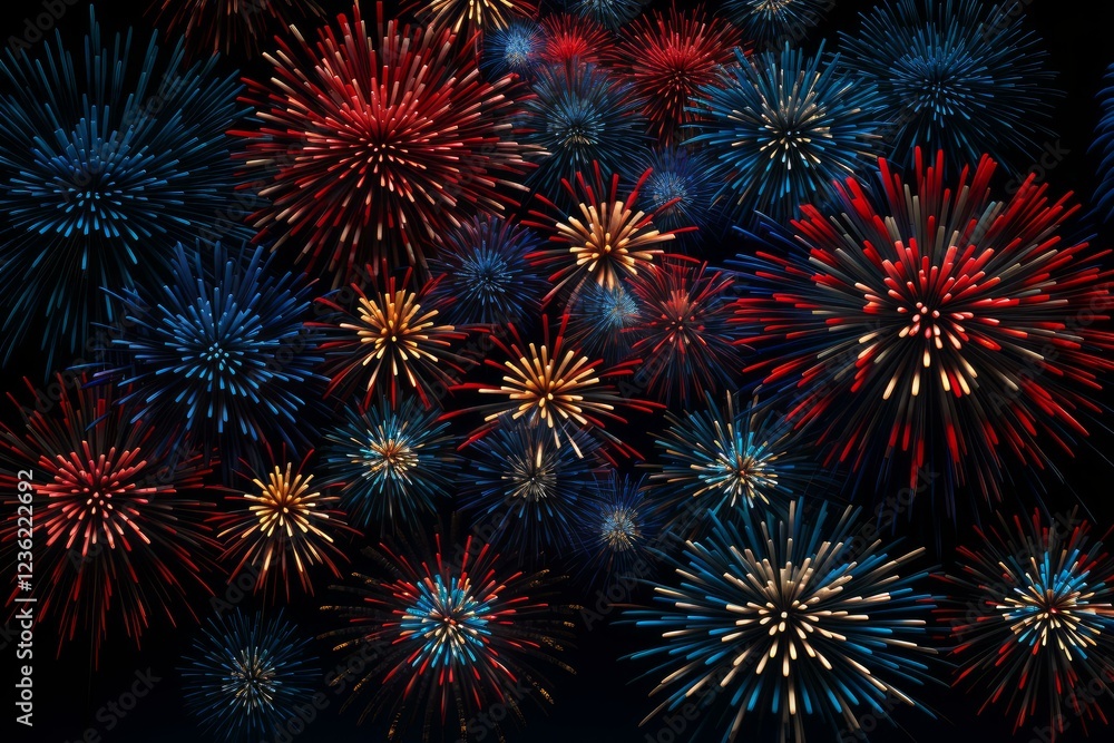 Red, white, and blue fireworks exploding against a black night sky create a festive and celebratory atmosphere Red, white, and blue fireworks exploding against a black night sky create a festive and celebratory atmosphere
