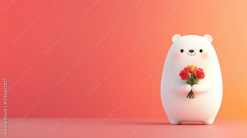 Cute chubby bear holding flowers against colorful background Cute chubby bear holding flowers against colorful background