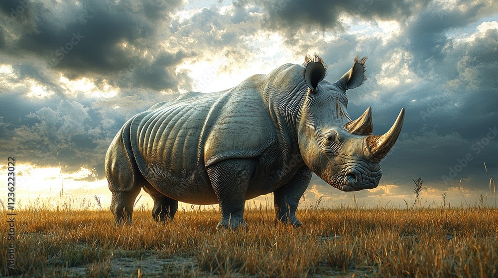 Fototapeta premium Majestic White Rhinoceros Stands in Golden Grassland Under Cloudy Sky