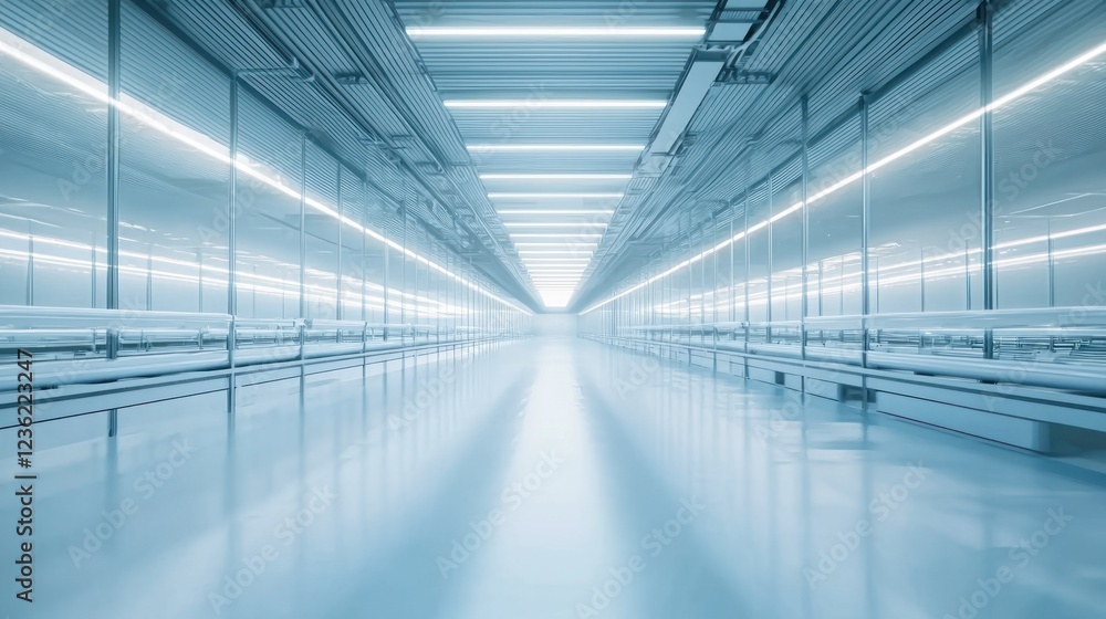 Obraz premium A modern dairy barn with rows of cows and a clean, organized interior designed for efficient dairy farming.