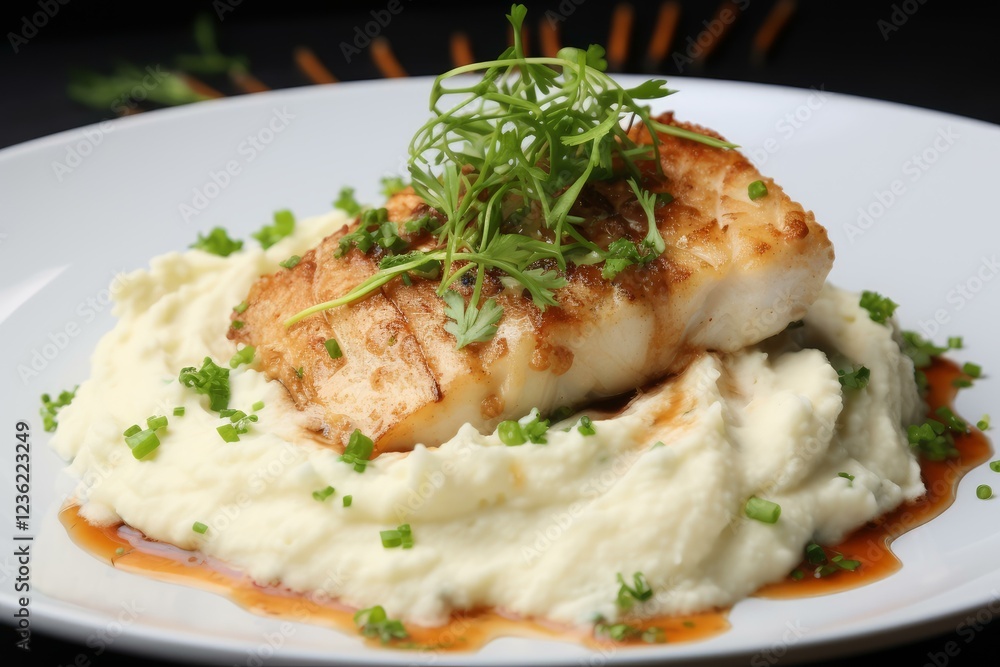 Delicious grilled white fish fillet resting on a bed of creamy mashed potatoes, garnished with fresh herbs and drizzled with flavorful sauce Delicious grilled white fish fillet resting on a bed of creamy mashed potatoes, garnished with fresh herbs and drizzled with flavorful sauce