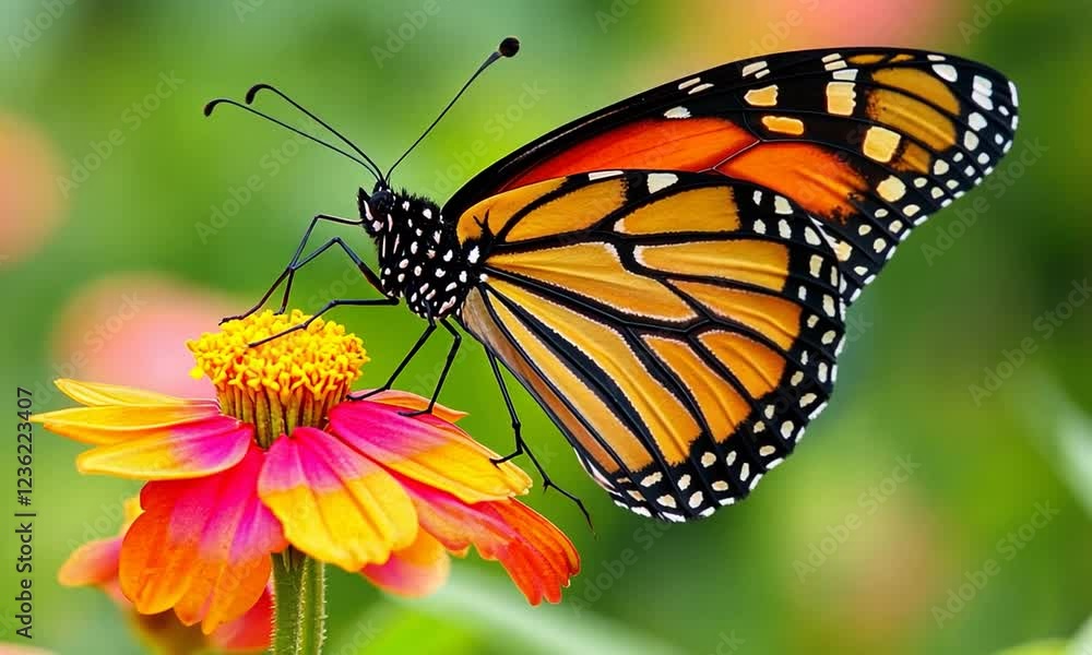 Monarch butterfly perched on vibrant flower in garden setting Monarch butterfly perched on vibrant flower in garden setting