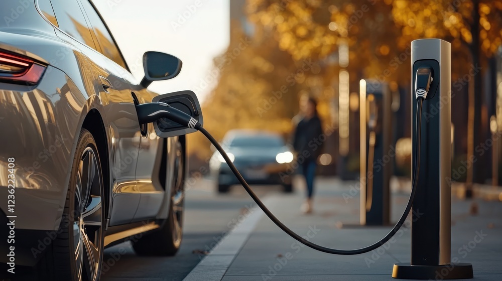 Electric car charging at a station under a tree with blurred autumn leaves and city landscape in the background showcasing sustainable transportation and environmental friendly technology Electric car charging at a station under a tree with blurred autumn leaves and city landscape in the background showcasing sustainable transportation and environmental friendly technology